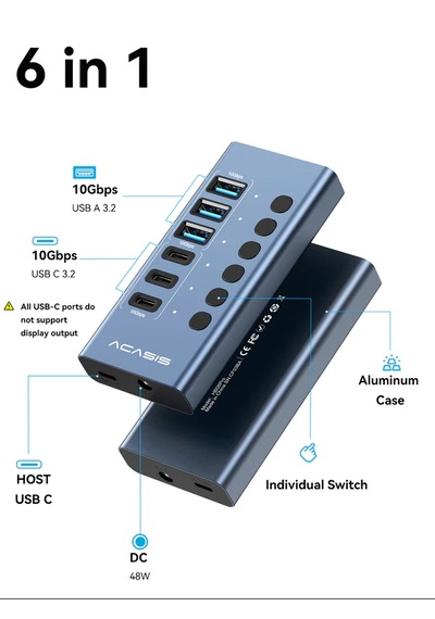 Acasis Hb06 Pro 6 Port 10gbps Usb 3.2 Hub Type-c/type-a 48w Adaptörlü Alüminyum Kasa Acasis Hb06 Pro 6 Port 10gbps Usb 3.2 Hub Type-c/type-a 48w Adaptörlü Alüminyum Kasa