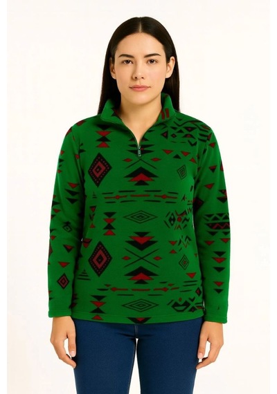 Mbb E-ticaret Kadın Yarım Fermuarlı Desenli Polar Sweat Tribal Etnik Desen Yakalı Uzun Kollu - Yeşil Çok Renkli