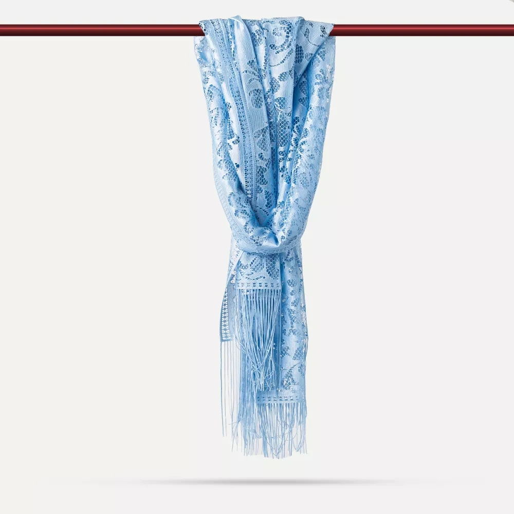 Dantelli Püsküllü Şal Mevlid Örtüsü, 166x61 Cm. Mavi Mavi