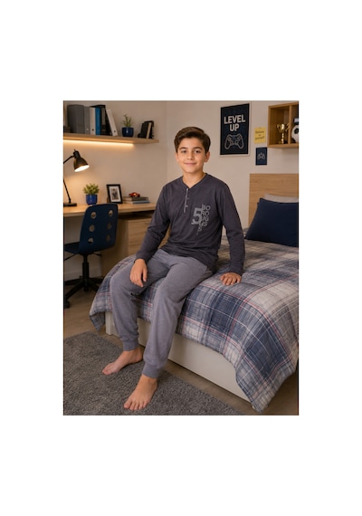 Formo Erkek Çocuk %100 Doğal Pamuk Manşet Paça Uzun Kollu Pijama Takımı Siyah