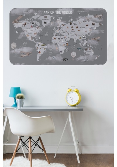Eğitici Dünya Haritası Dünya Atlası Çocuk Ve Bebek Odası Duvar Sticker -60x105-3811 Çok Renkli