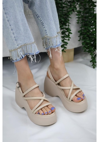 Asmi Shoes Kadın Paris Kalın Taban 9 Cm Ortopedik Sandalet Bej Bej