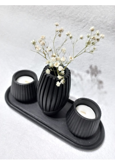 İskandinav Vazolu Tabaklı Tealight Mumluk Set Siyah Siyah