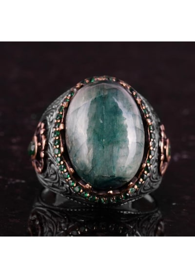 Yapılmış Taş Yüzük - 925 Ayar Gümüş El Yapımı Yüzük - Yapılmış Cabochon Zümrüt Yüzük Gümüş