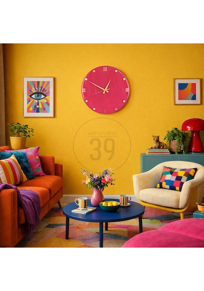 Dekoratif Epoksi Duvar Saati 40 Cm, Fuşya Pembe Modern Tasarım, Altın Detaylı, Sessiz Mekanizma, Yeni Ev Hediyesi Pembe