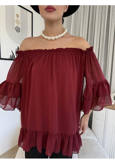 Lodmela Yaka Lastikli Şifon Bluz 6022-Bordo