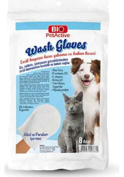 Bio Petactive Wash Gloves 8 Adet Evcil Hayvanlar için Kuru Yıkama