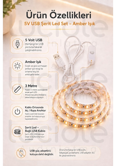 3 Metre 5v Usb Amber Şerit Led Anahtarlı Mutfak Tezgah Altı Tv Masa Kamp Powerbank Sıcak Işık