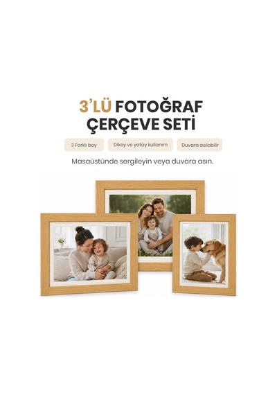 Vusıgn Vs65 Mdf Ahşap Rengi Masaüstü Ve Duvar Askılı Çerçeve Fotoğraf Çerçevesi 3'lü Set