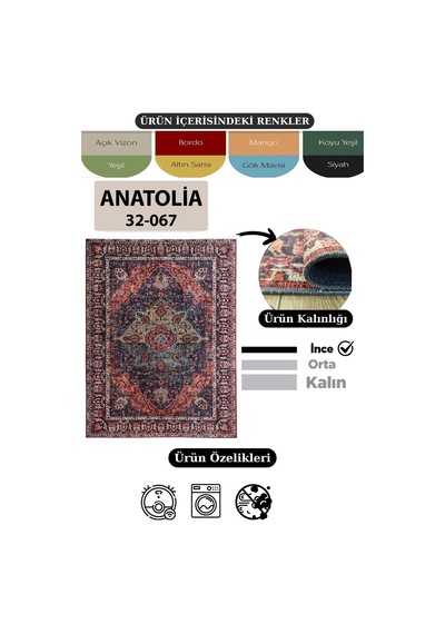 Çam Halı Anatolia 32-067 Etnik Eskitme Desenli Dokuma Tabanlı Yıkanabilir Şönil Salon Ve Oda Halısı Multi 5