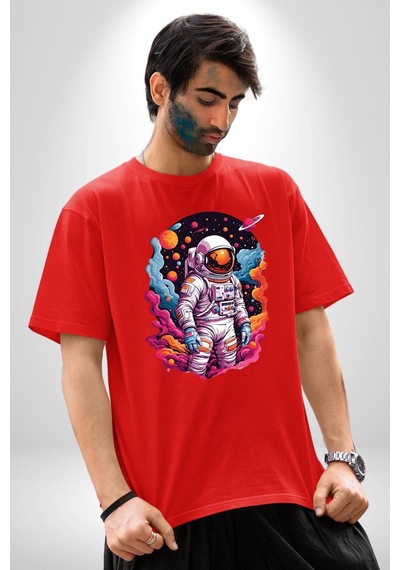 Ay Mars Astronot Pamuklu Bisiklet Yaka Unisex Oversize Boyfriend Dijital Baskılı Kırmızı T-shirt Kırmızı