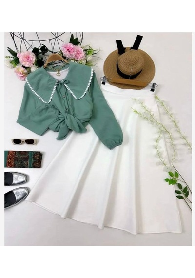 Lovie Moda Kadın Yaka İşlemeli Etekli Takım Yeşil