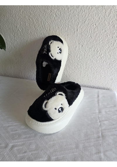 Kadın Ayıcık Desenli Rahat Peluş Ev Terliği 25bnt132 Siyah