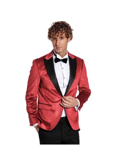 Wessi Simli Slim Fit Kadife Kırmızı Erkek Smokin Ceket - Kırmızı