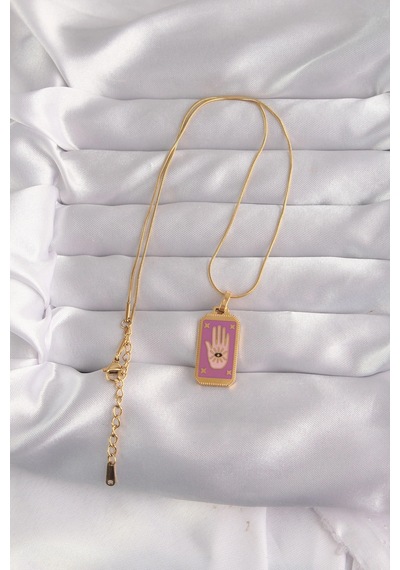 Bay 316l Çelik Gold Renk Mor Mineli El Figür Tarot Kolye Najmaddin Standart
