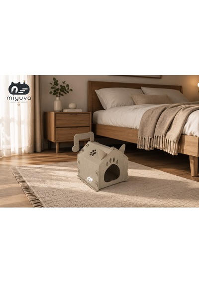 Keçe Kedi Evi Demonte, Yıkanabilir, Taşınabilir Kedi Kulübesi Pati Bej