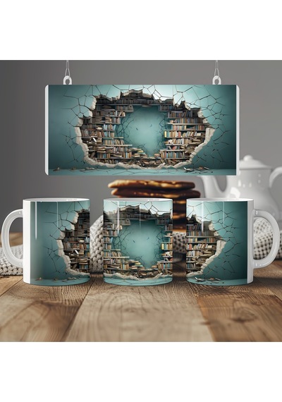 3d Görünümlü Kütüphane Kupa Bardak - Kırık Duvar İçinde Kitaplar Konseptli - Kabartmasız Beyaz