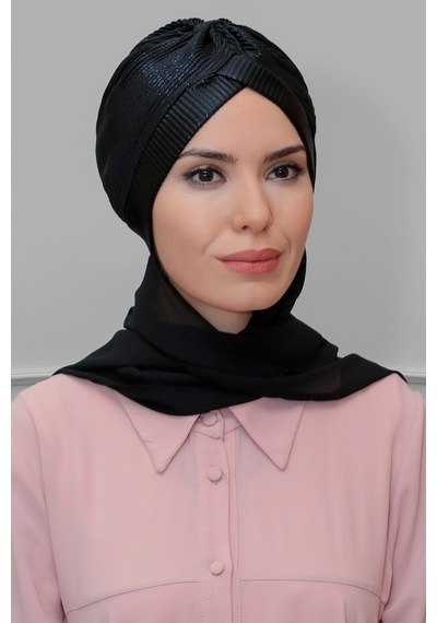 Hürrem Bone Siyah Pratik Hazır Geçmeli Tesettür Bone Fukuro Piliseli Tek Çapr (545491065) Siyah