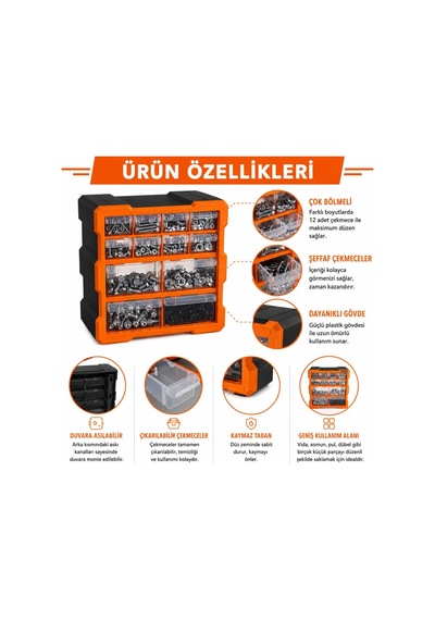 12 Çekmeceli Dikey Organizer Kutu, Vida Dübel Somun Civata Hırdavat Düzenleyici, Şeffaf Çekmeceli Küçük Parça Genel