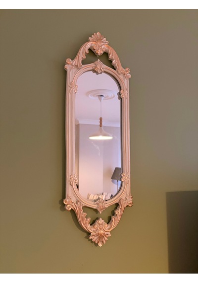 Kısa Oval Dekoratif Duvar Aynası Krem & Eskitme Altın Yaldızlı 60x20 Cm Naturel