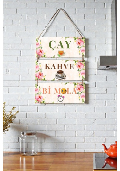Çay Kahve Mola 3'lü Ipli Mdf Tablo Seti, Ev, Mutfak Cafe, Restoran Ahşap Duvar Süslemesi