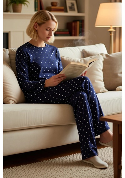 Benerly Kadın Bisiklet Yaka Standart Kol Pijama Takımı Boru Paça Fonksiyo lacivert