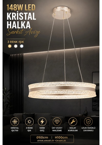 Modern Premium Led Halka Sarkıt Avize Modern Gold Salon Avizesi 148w 3 Renk Beyaz