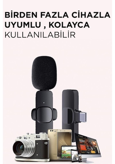 K9 2li Type-c + Lightning Dönüştürücülü Kablosuz Yaka Mikrofonu 2li