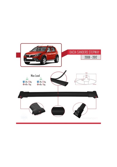 Dacia Sandero Stepway 2008-2012 Arası İle Uyumlu Fly Model Ara Atkı Tavan Barı Siyah