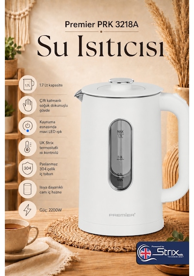 Premier PRK 3218A 1.7 L Isıya Dayanıklı Cam Hazneli Led Işıklı Su Isıtıcısı Kettle