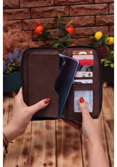 Özka Leather Crazy Kahverengi Telefon Bölmeli Unisex Deri Uzun Kartlık Cüzdan Portföy Siyah
