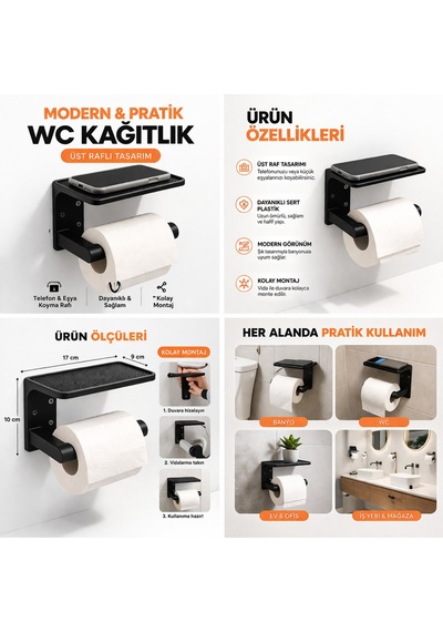 Üst Raflı Tuvalet Kağıdı Askılığı Telefon Koyulabilir Wc Kağıtlık Sert Plastik Duvar Tipi Çok Renkli