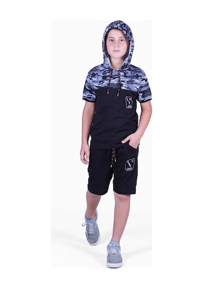 Fyk Kids Kamuflaj Desenli Kaprili, Sweatshirt Lü Erkek Çocuk Alt Üst Takım Gri