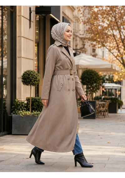 Hb Harma Time Butik Kadın Düğmeli Astarlı Kemerli Bondit Bej Trenç