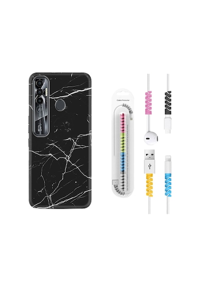 Tecno Spark 7 Pro Kılıf Kablo Koruyuculu Siyah Mermer 1299