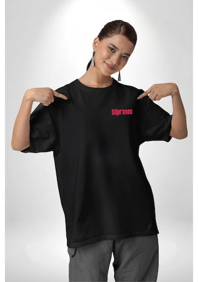 The Sopranos Siyah Oversize Unisex Ön Sol Yan Minimal Baskılı Tişört Koyu Siyah