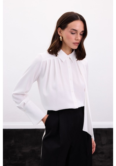 Sateen Fularlı Gömlek - Ekru-136901 ekru