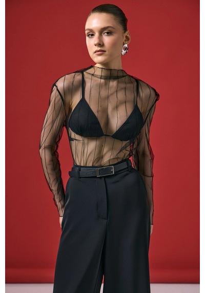 Sateen Çizgili Transparan Bluz Siyah