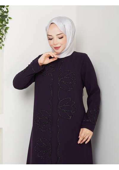 Eslemnur Lotus Çiçek Taşlı Büyük Beden Anne Elbisesi Mürdüm