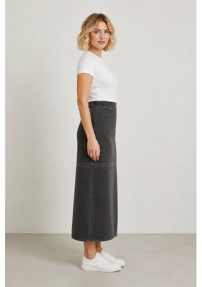 Bihan Store Önü Fermuarlı Yüksek Bel Denim Maxi Etek Y25-7581-füme