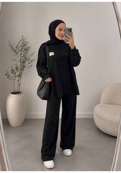 Öners Fitilli Armalı Detaylı Oversize Kaşkorse Basic Alt-üst Takım Siyah Siyah