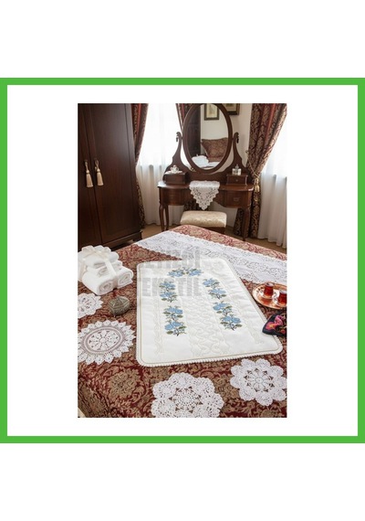 Vaveni Kanaviçe İşlemeli Etamin Kumaş Seccade - Mavi Arz