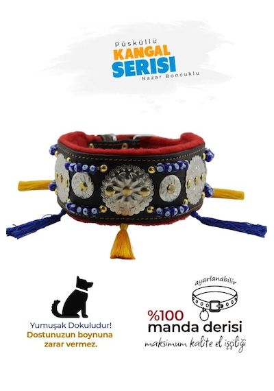 Kangal Malaklı Akbaş Püsküllü Deri Boyun Tasması Siyah