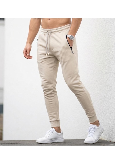 Plus Scorpion Erkek Slim Fit Eşofman Altı Pamuklu Kumaş, Fermuarlı Cepli, Rib Paça Bej