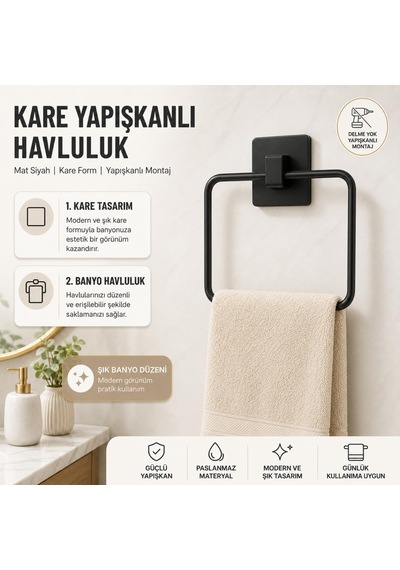 Lexroo Yapışkanlı Metal Havluluk, Havlu Tutucu Askı, Paslanmaz Kare Çok Renkli