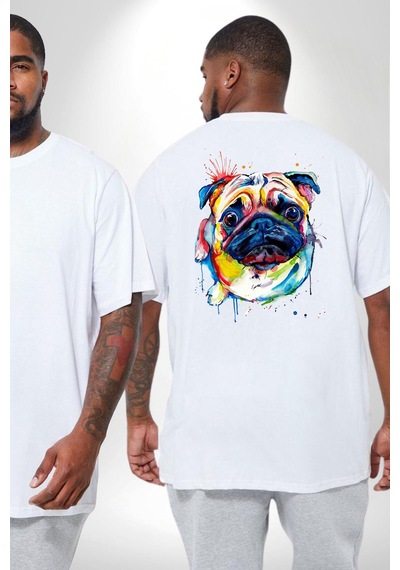 Angemiel Sulu Boya Pug Köpek Büyük Beden Beyaz Tişört Kadın Erkek Ünisex Sırt Baskılı Beyaz
