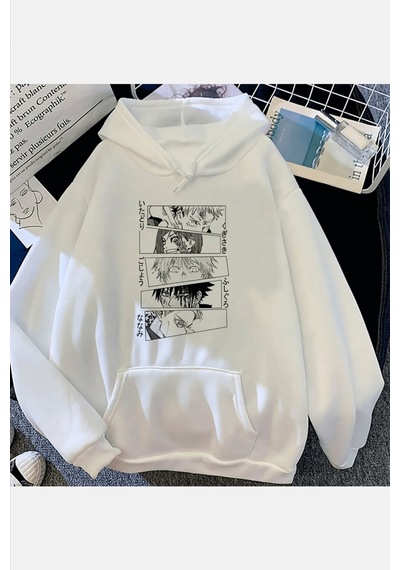 Jujutsu Kaisen Eyes Beyaz Kapşonlu Sweatshirt