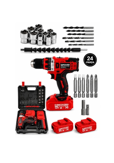 12v Metal Şanzıman Şarjlı Matkap 24 Parça Akülü Vidalama Akülü Matkap Seti Kırmızı Renk