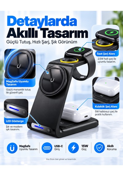 3 Ü 1 Arada 15w Manyetik Kablosuz Şarj Standı Telefon Akıllı Saat Ve Kulaklık Uyumlu Usb-c