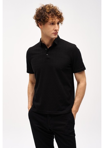 Siyah Slim Fit Dar Kalıp Fermuarlı Polo Yaka Desenli Kısa Kollu Tişört-16401 Siyah